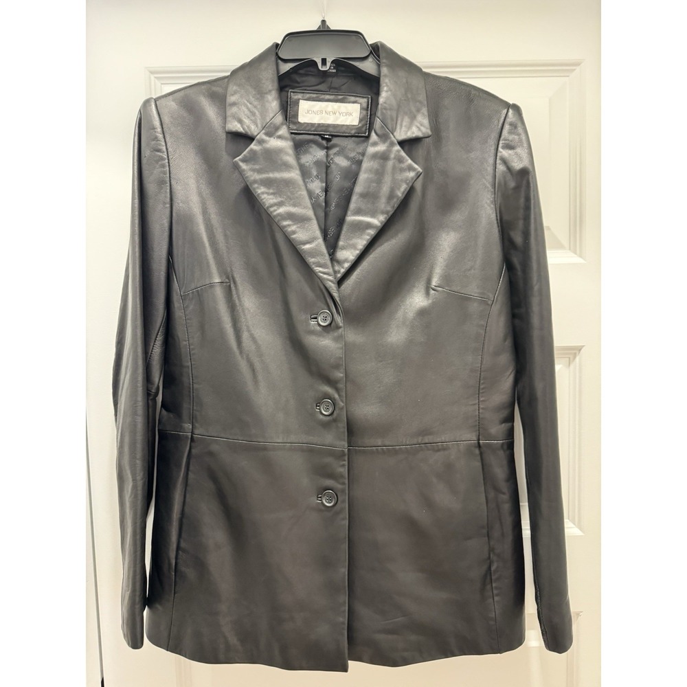 Jones New York Black‎ Leather Blazer Jacket Womens Medium 3-Button Notched Lapel